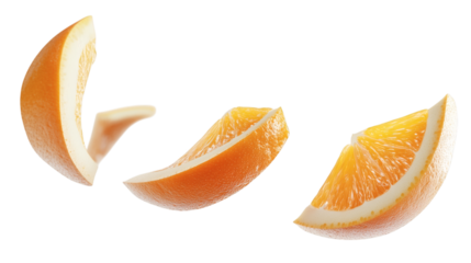 Flying 3D peeled orange slices with juicy texture and pith detail isolated on white background 