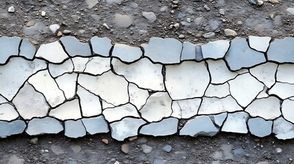 Cracked white and grey pavement border on dark ground