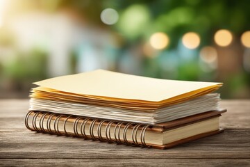 A close-up shot of a stack of blank paper sheets on top of a spiral notebook, positioned on a wooden surface with a blurred green background, creating a sense of natural light and study.