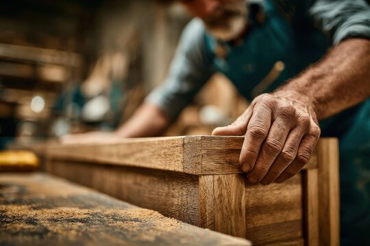 A carpenter smooths the edges of a finely crafted wooden furniture piece, his skilled hands guiding the wood to perfection, demonstrating the artistry of woodworking. - Powered by Adobe
