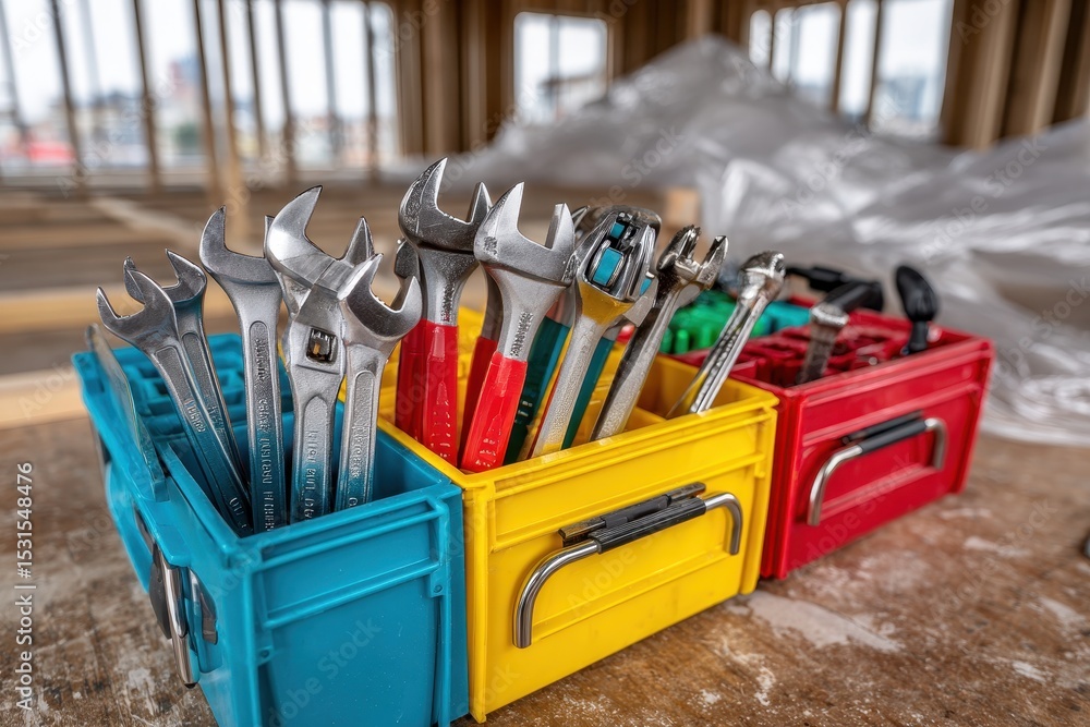 Poster close-up studio shot of a vibrant tool box filled with assorted wrenches in a workshop, representing