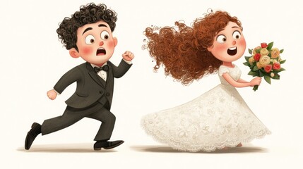 Humorous scene of bride and groom running away from their wedding