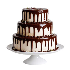 Three-tier chocolate cake with glossy ganache drip, white background