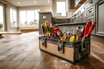 An open toolbox full of different hand tools used in home repair or improvement, resting on a newly installed wood floor in a bright, modern kitchen during daytime.