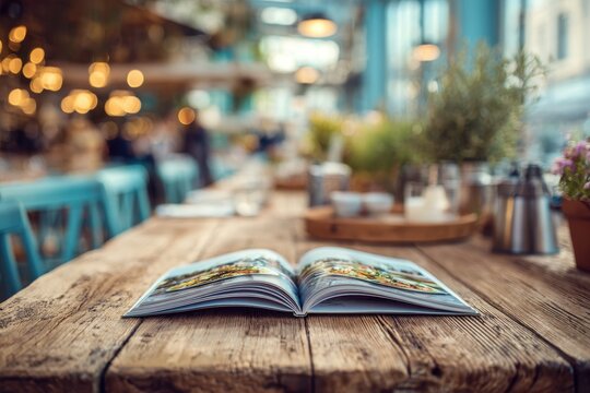 An open cookbook rests on a rustic wooden table in a bright, airy cafe setting, showcasing a vibrant culinary experience and inviting ambiance for food enthusiasts.