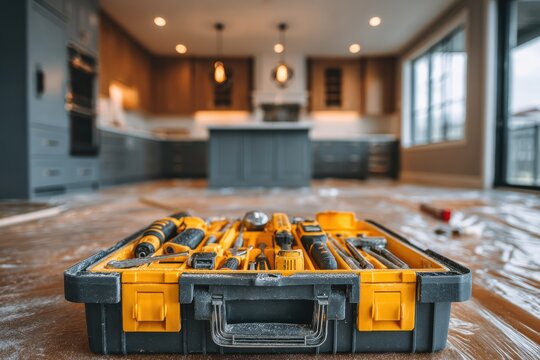 A toolbox filled with various tools sits in the middle of a kitchen renovation, ready for the next stage of work, showcasing the essential equipment for remodeling tasks.