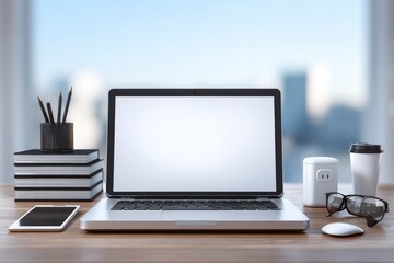 Fototapeta premium Modern workspace featuring a laptop with a blank screen, books, pencils, tablet, glasses and coffee, perfect for showcasing a clean office environment.