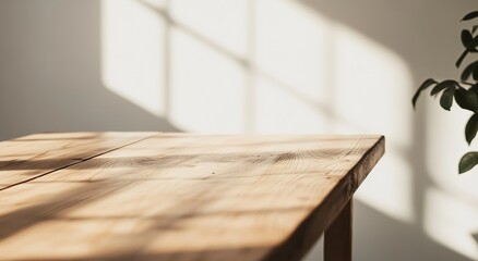 Sunlit Wooden Table with Soft Shadows for High-End Product Presentation