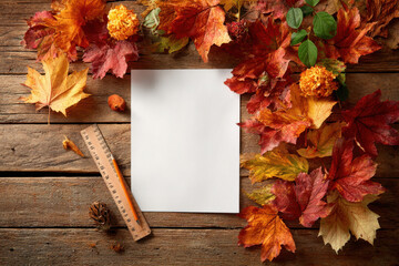 Obraz premium Blank paper sheet on wooden surface surrounded by autumn leaves and ruler, perfect for seasonal design and autumnal themed projects, evoking warmth and creativity.