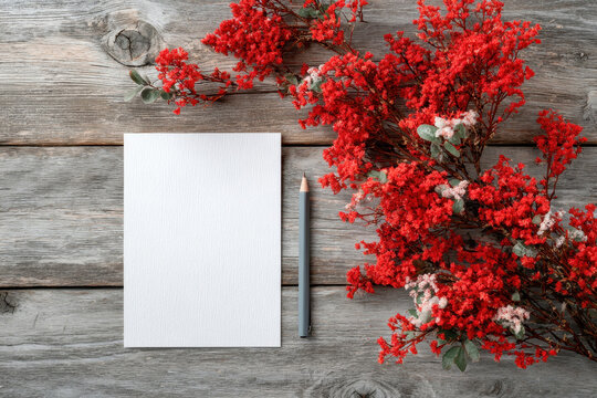 Red flowers and blank card on rustic wooden background, providing space for message, perfect for festive season greetings, invitations, or creative projects.
