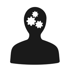 Human, person and man with cogweehl in head. Metaphor of mechanical, logical and rational thinking. Mind and mental process as machine, logic and mechanism. Vector illustration isolated on white.