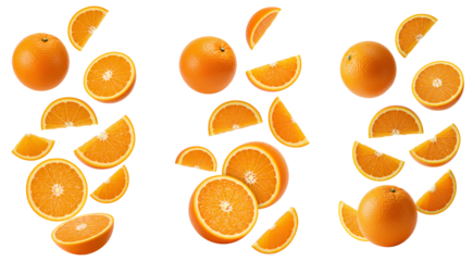 orange slices falling down set PNG. whole oranges and orange pieces flying isolated. Fresh and organic orange fruit scattered PNG. Citrus fruit orange isolated