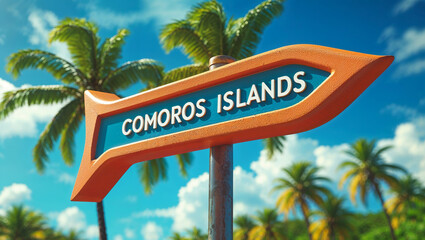 on the pole there is a direction arrow with the inscription Comoros Islands against the background of a picturesque winter landscape 