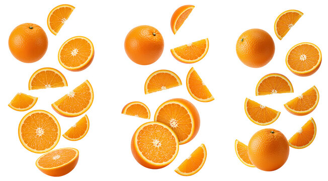 orange slices falling down set PNG. whole oranges and orange pieces flying isolated. Fresh and organic orange fruit scattered PNG. Citrus fruit orange isolated