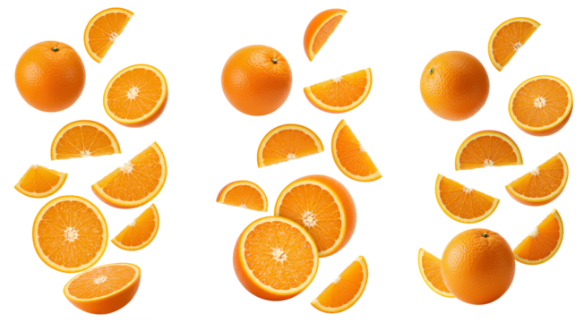 orange slices falling down set PNG. whole oranges and orange pieces flying isolated. Fresh and organic orange fruit scattered PNG. Citrus fruit orange isolated