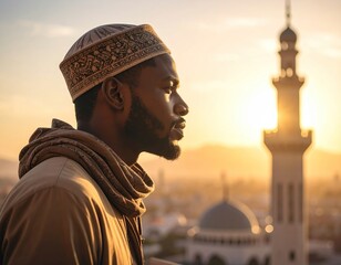 Man in traditional headwear, gazing at mosque at sunset