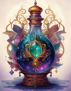 魔法使いの秘薬が入った豪華な装飾の小瓶。水彩画。（A luxuriously decorated vial containing a magician's elixir. Watercolor painting.）
