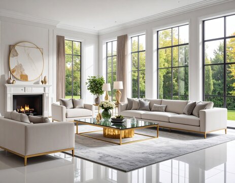 Luxurious living room with large windows - Powered by Adobe