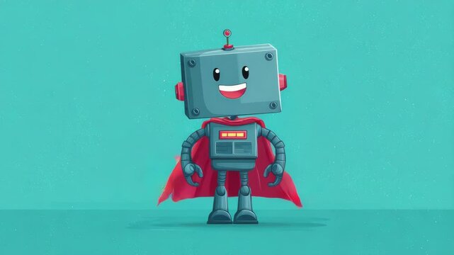 A cartoon robot with a box-shaped head is standing upright and wearing a cape. The concept of online technical support.