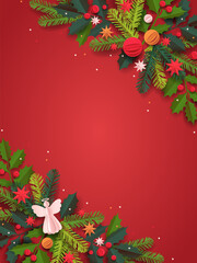 Paper cut template. Vertical Christmas vector greeting card. Christmas tree, balls, and a decor isolated on a red background. Winter frame for holidays with place for text.
