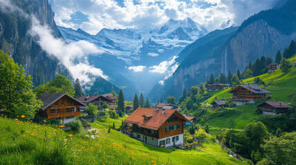 Fototapeta premium Charming alpine village nestled in the tourist hotspot of Lauterbrunnen Valley, Switzerland