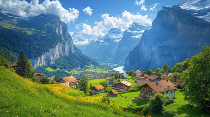 Charming alpine village nestled in the tourist hotspot of Lauterbrunnen Valley, Switzerland