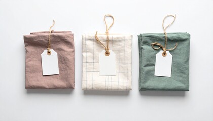 Flat Lay of Folded Fabric Squares with Blank Tags