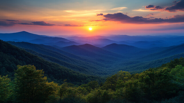 Captivating sunset drapes majestic mountains and a peaceful, tree-filled valley in Virginia, USA