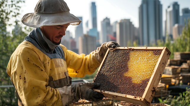 A male beekeeper inspecting honeycomb in an urban garden setting, surrounded by city skyline. - Powered by Adobe