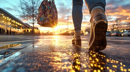 Sunset stroll in urban landscape with reflection on wet pavement