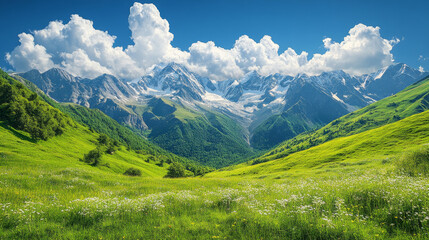 Spectacular summer scenery in Georgiaâ€™s Caucasus Mountains with rolling green meadows and serene alpine valleys in Svaneti