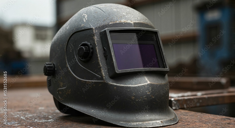 Poster welding helmet resting on a workbench in a workshop environment