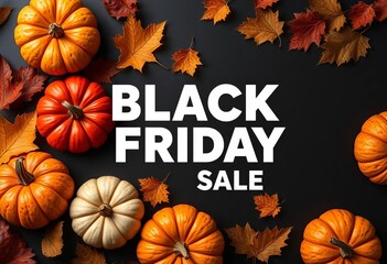 Autumn pumpkins & leaves on dark background, Black Friday sale banner, background, harvest