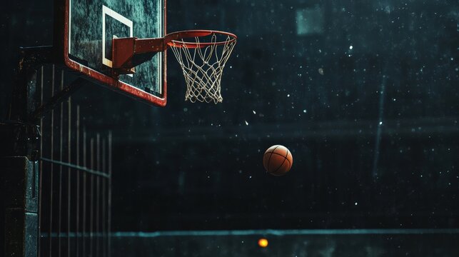 Basketball soars toward hoop on outdoor court with dark gritty ambiance and raining particles