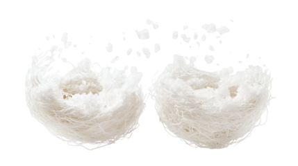 Flying ethereal cloud-like spun sugar nests with sparkling sugar crystals isolated on white background 