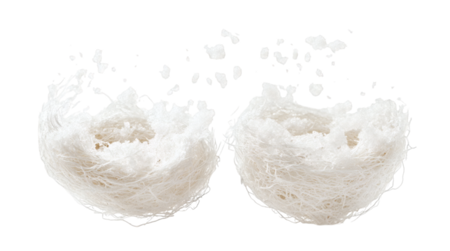 Flying ethereal cloud-like spun sugar nests with sparkling sugar crystals isolated on white background 