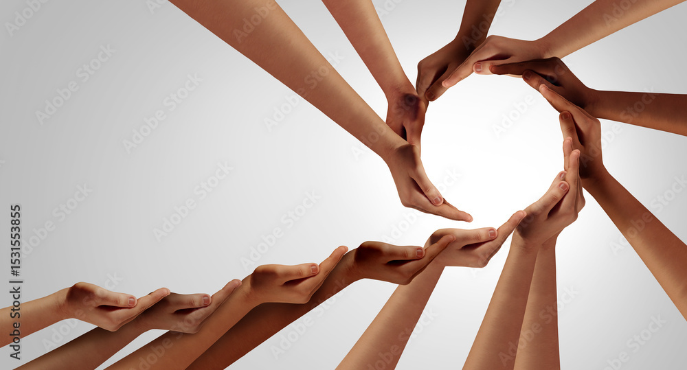 Poster collaboration and inclusion as business unity and diversity partnership as hands joining in a group 