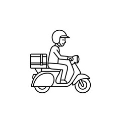 Delivery person riding scooter with cargo in black and white style  