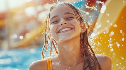 Swimming pool slides for children on water slide at aquapark . Summer kid holiday outdoor. Little girl in aqua park.