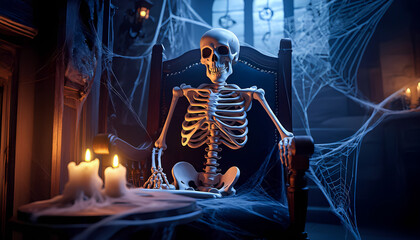 skeleton in chair surrounded by cobwebs for halloween