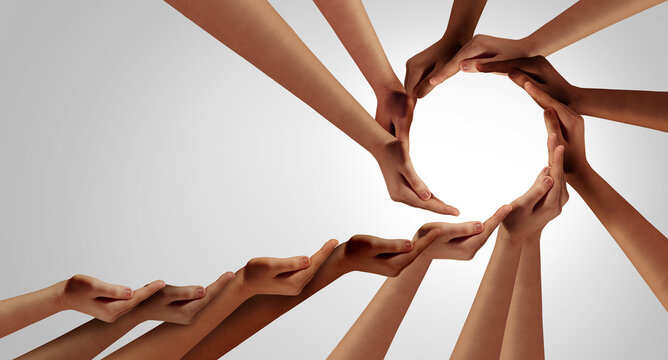 Collaboration And Inclusion as Business Unity and diversity partnership as hands joining in a group of diverse people connected together shaped as a support circle symbol of group team.