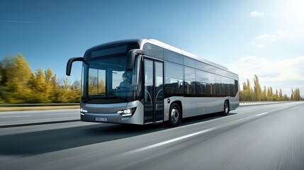 Modern Silver Bus Travelling on Highway with Driver Wearing Face Mask