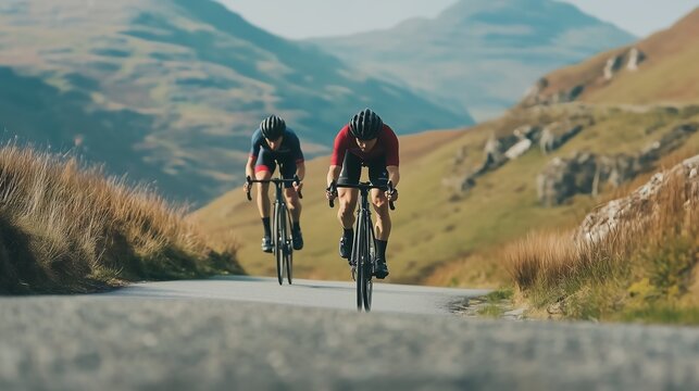 Two male cyclists race down a winding road through breathtaking mountainous terrain, showcasing their athleticism.
