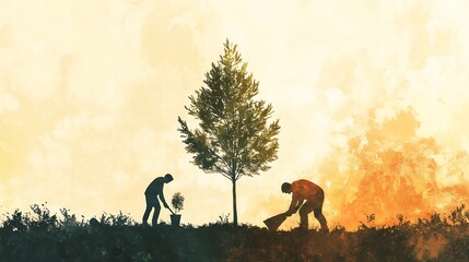 Silhouetted figures planting trees at sunset, symbolizing hope and environmental stewardship.