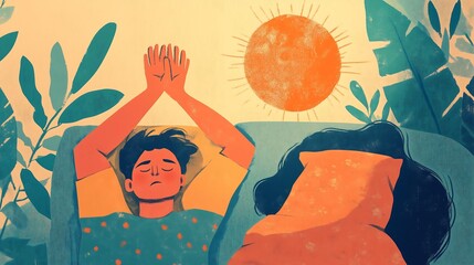 A serene illustration of a young man enjoying morning sunlight in bed, next to a peaceful partner.