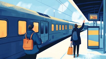 Two male travelers at a train station, one waves goodbye as a train departs under a serene blue sky.