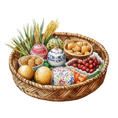 Nowruz Sweets Gift Basket, watercolor clipart vector, isolated on a white background.