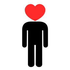 Human, man and male with love heart instead of head. Emotional and romantic person. Loving and enamoured partner, spouse and lover. Vector illustration isolated on white