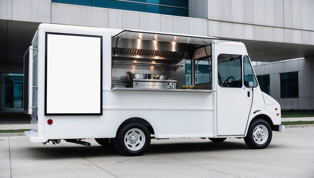 White food truck with blank menu board parked outside modern building.
