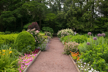 Beautiful Garden Landscape with Colorful Flower Beds and Greenery